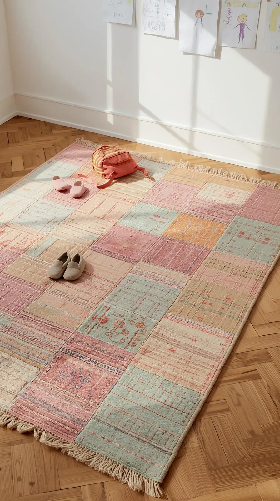 Grand tapis entree maison Patchwork coloré composé de carrés de tissus délavés (rose, menthe, beige) dans une entrée familiale.