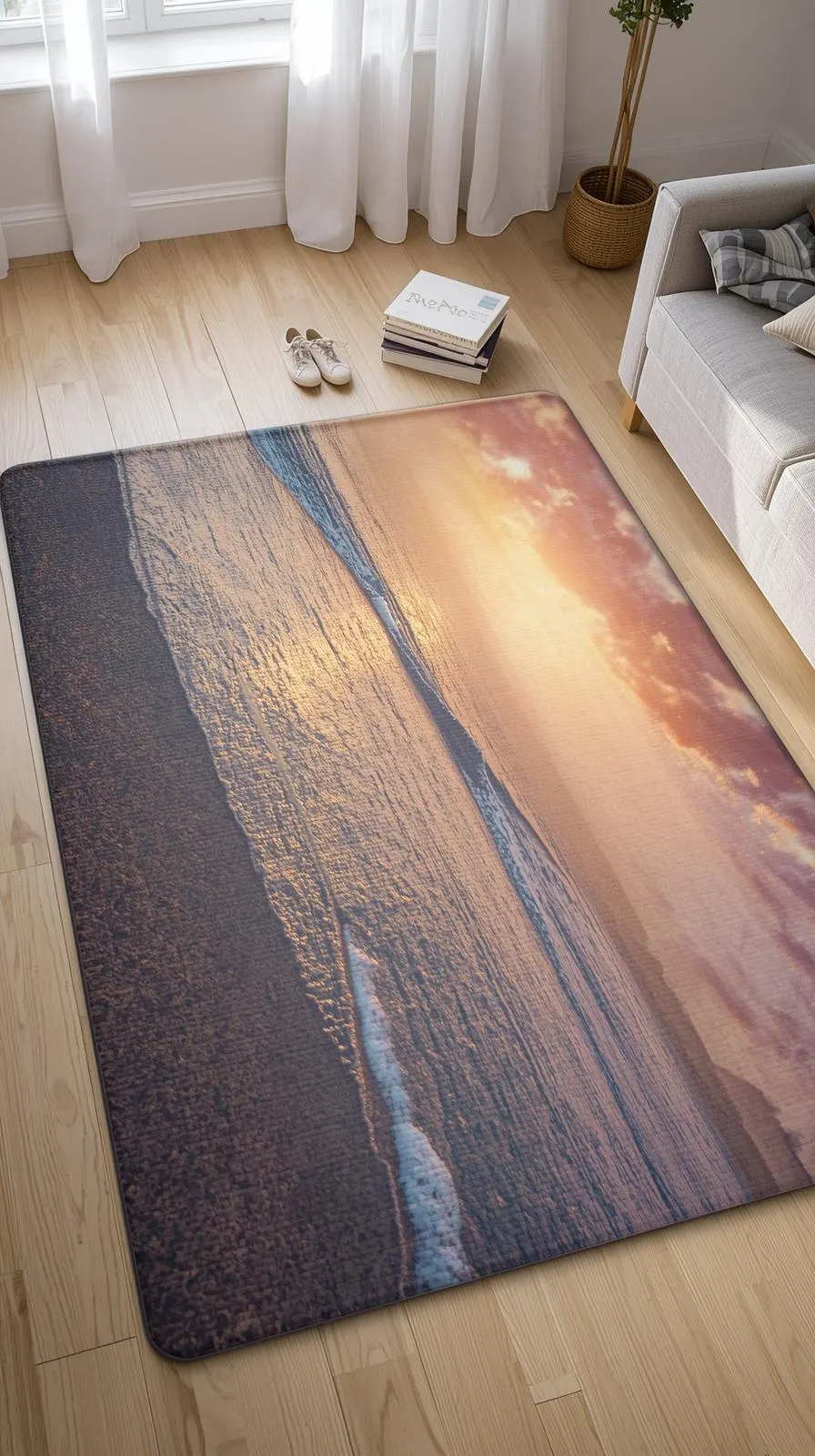 Tapis imprimé photo de coucher de soleil sur la mer, créant une émotion et un souvenir personnel.