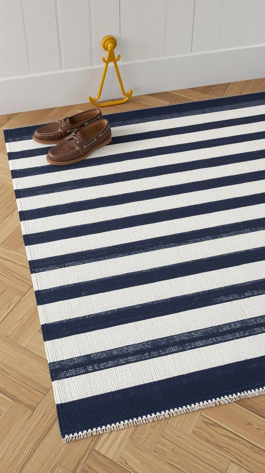 Tapis à rayures marines (kaki/blanc) intemporelles, avec chaussures bateau.