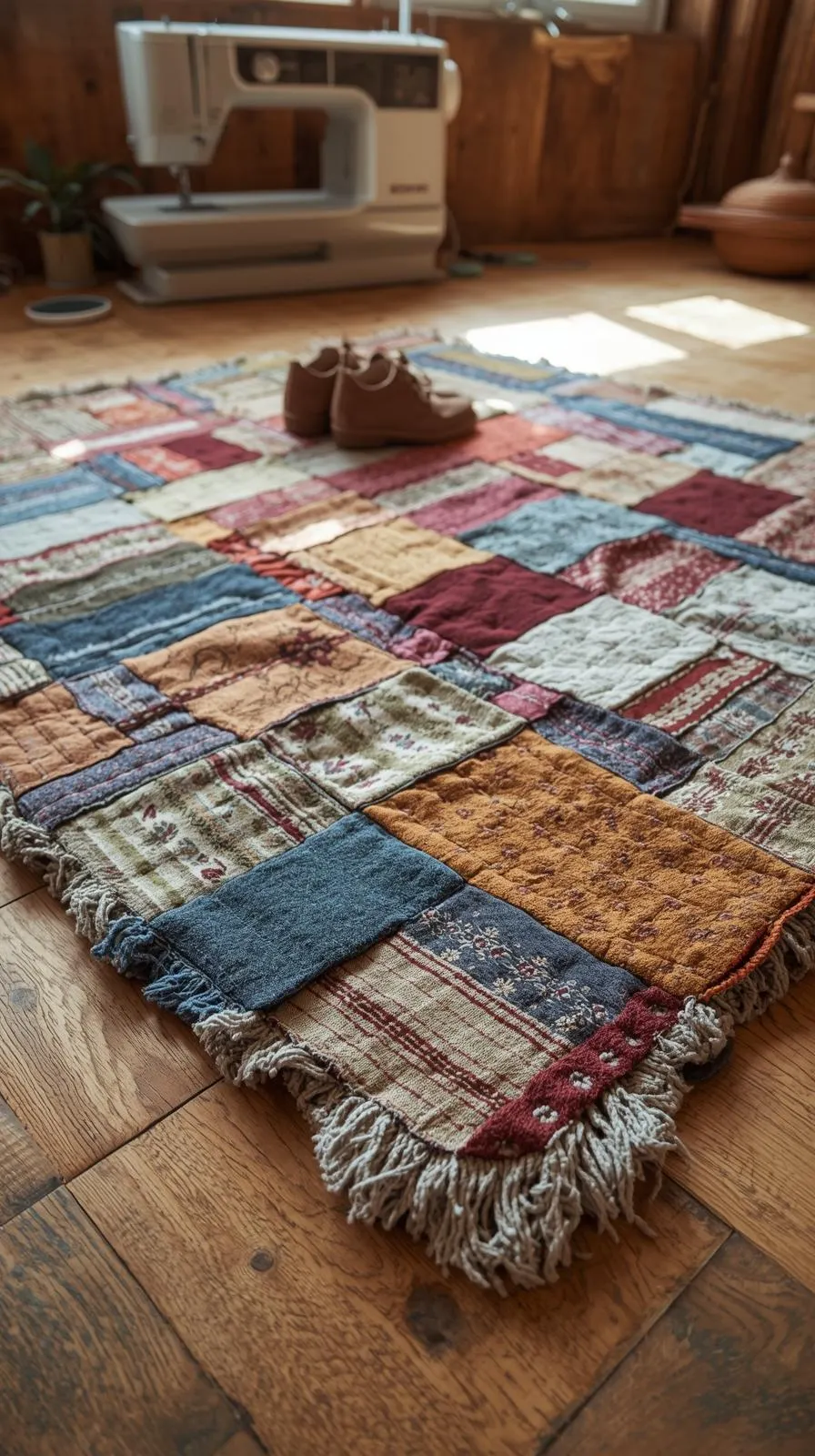 Tapis fait main en patchwork de tissus recyclés et colorés, avec une machine à coudre.