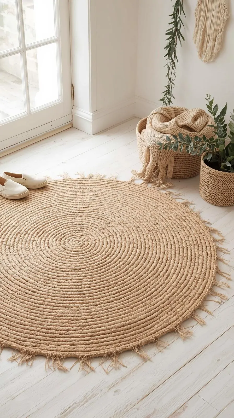 Tapis entree maison rond en Jute tressé avec franges, adoucissant les angles dans une entrée lumineuse de style bohème.