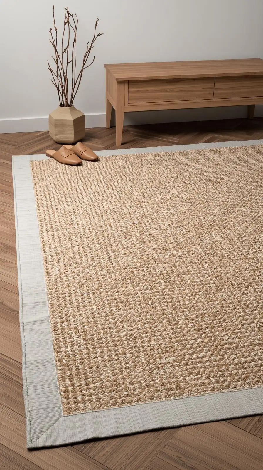 Tapis entree maison en Sisal tressé, de couleur beige neutre, avec une bordure élégante, idéal pour une entrée chic et naturelle.