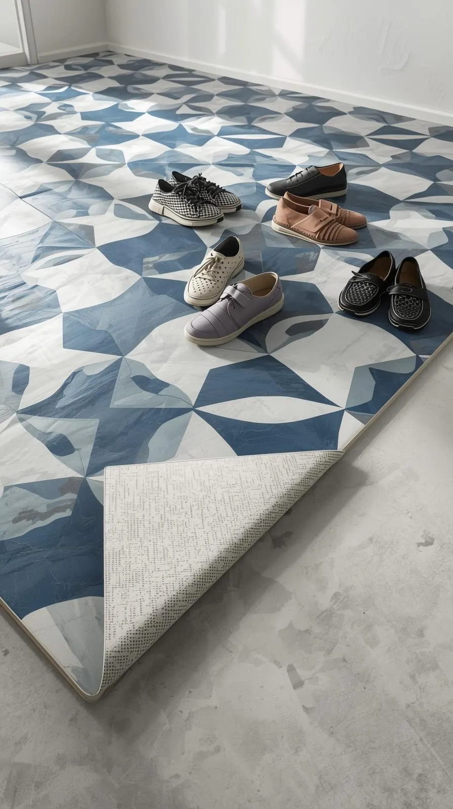 Tapis entree maison en vinyle à motif carreaux de ciment bleu et blanc, avec envers antidérapant visible et chaussures posées.
