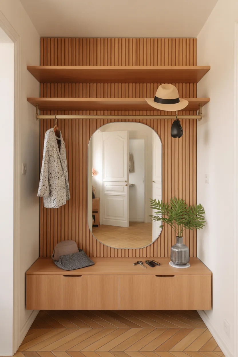 Vestiaire entrée bois latté, miroir ovale central, banc rangement suspendu, étagère haute chapeaux.