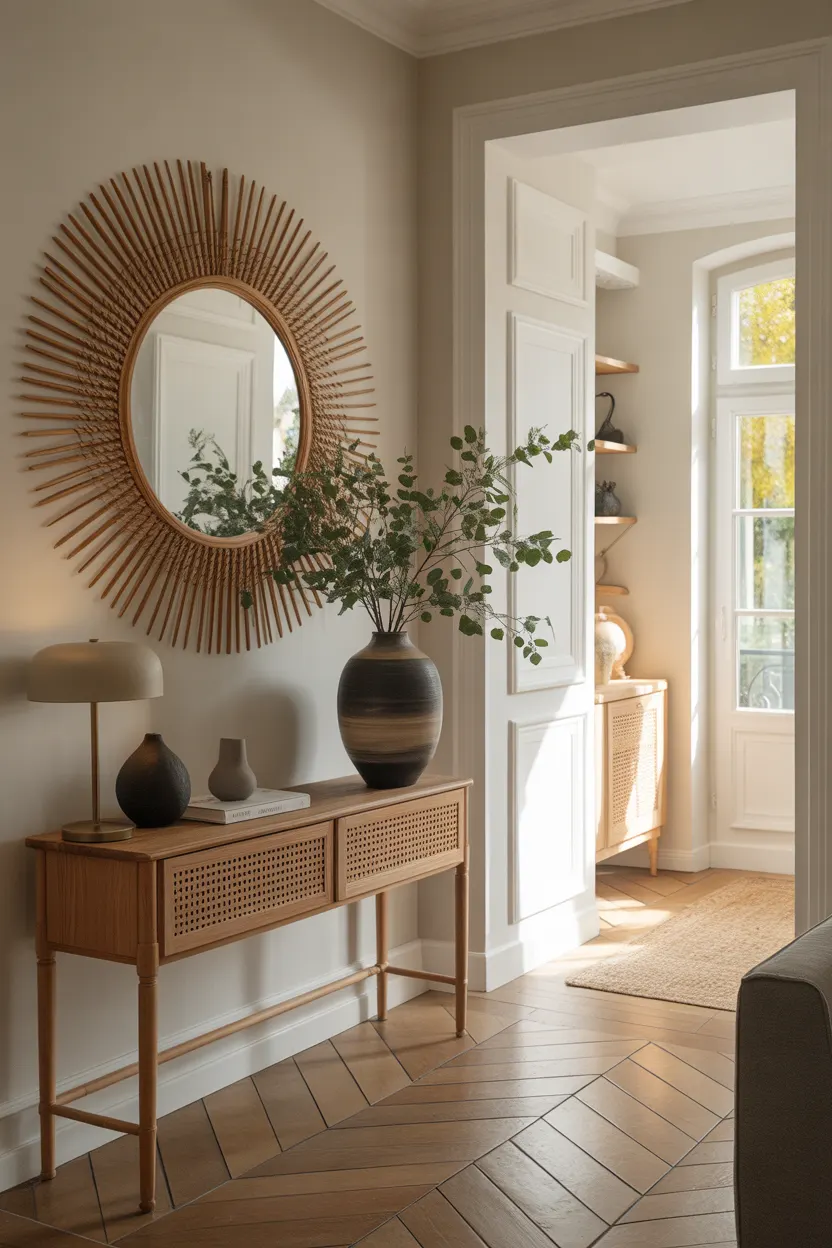 Inspiration entree maison chic console cannage et miroir soleil