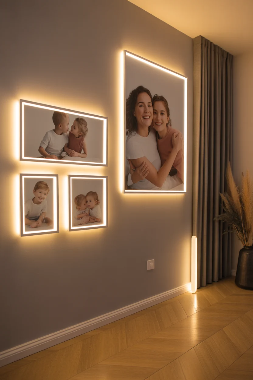 Galerie murale cadres photos rétroéclairés LED, portraits famille, ambiance lumineuse douce.