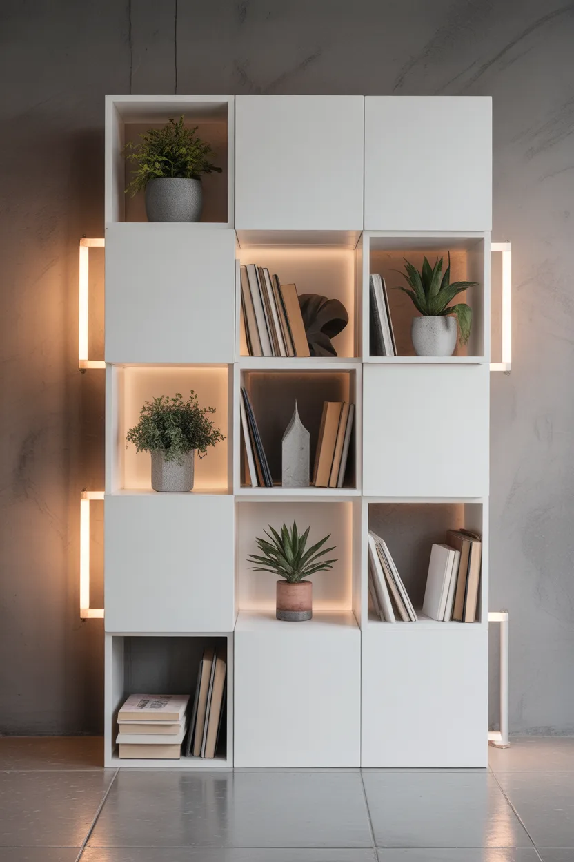 Etagère cubes blancs modulables avec éclairage intégré design