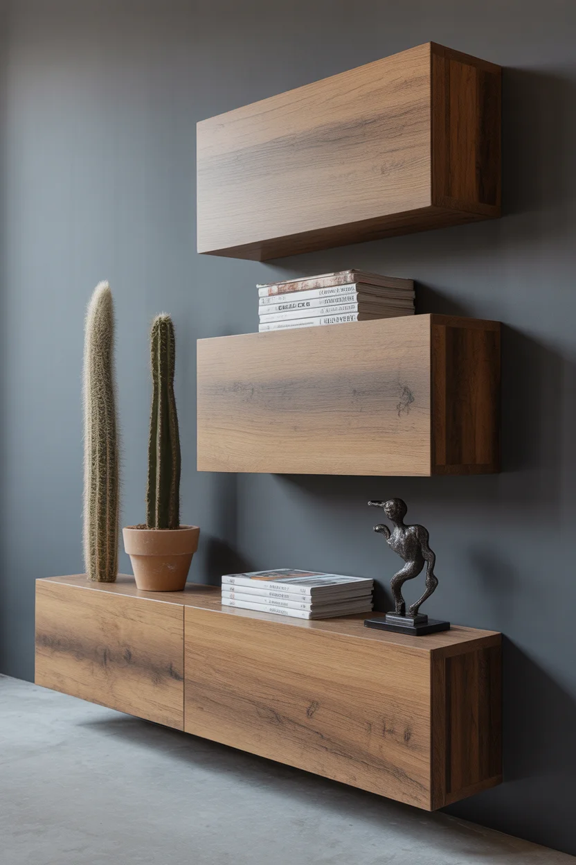 Caissons rangement bois suspendus asymétriques, mur gris anthracite, cactus et statuette déco.