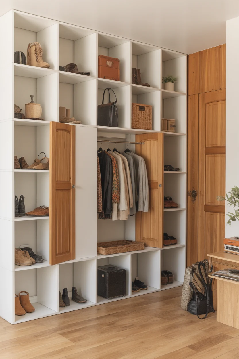 Dressing entrée maison modulaire cubes blancs et bois