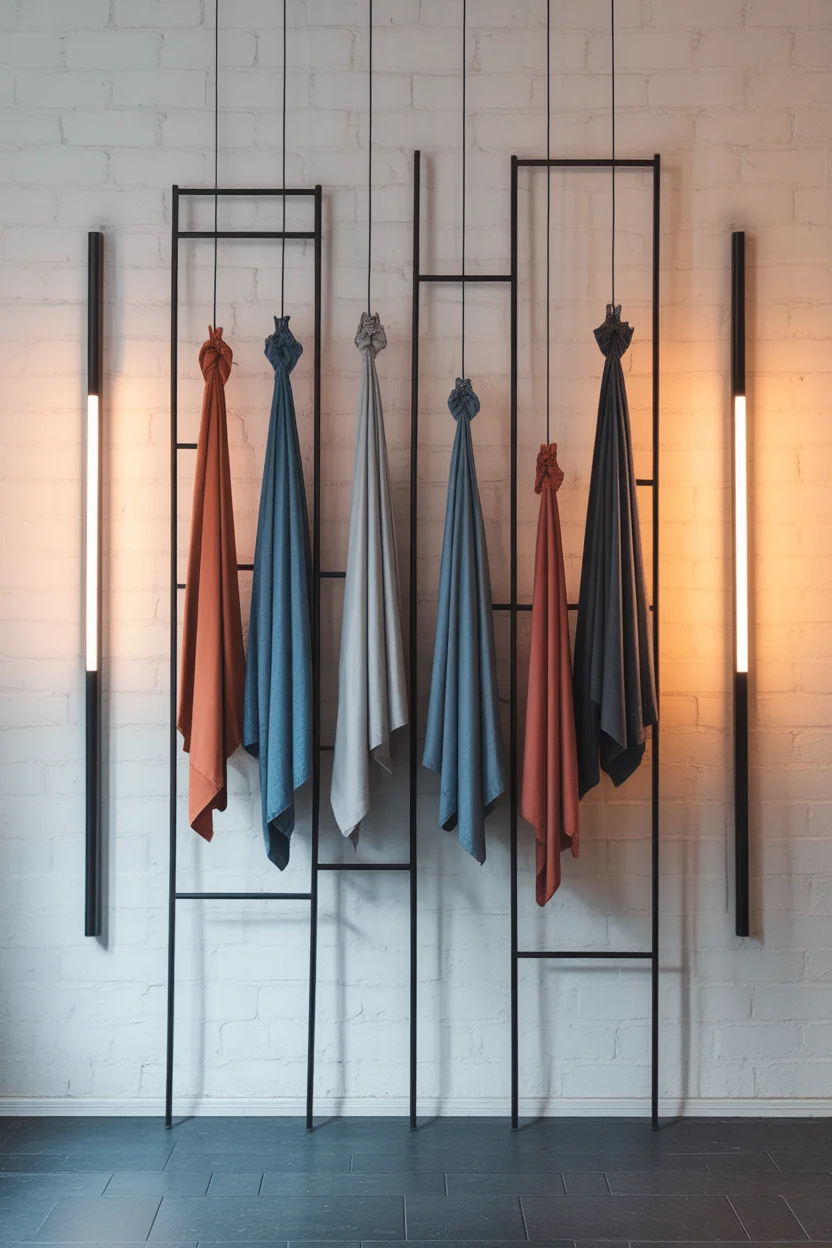 Structure murale en métal noir pour suspendre foulards et écharpes