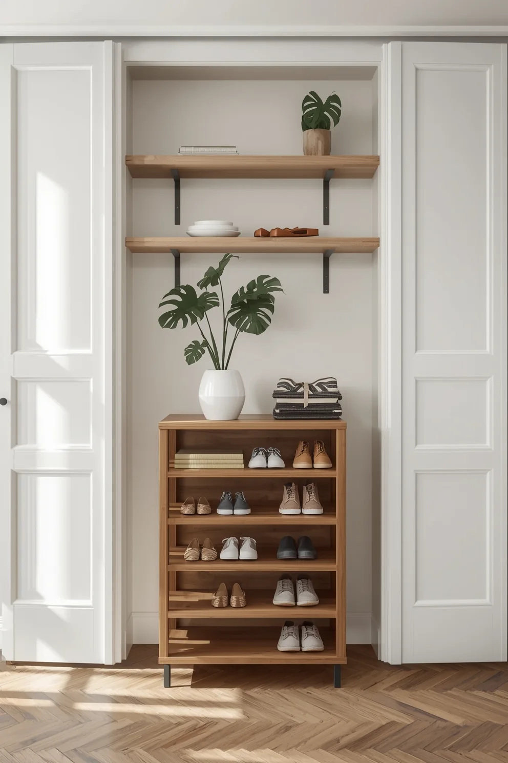 Un meuble à chaussures vertical en bois clair avec étagères ouvertes, placé dans une alcôve entre deux portes blanches, décoration minimaliste.