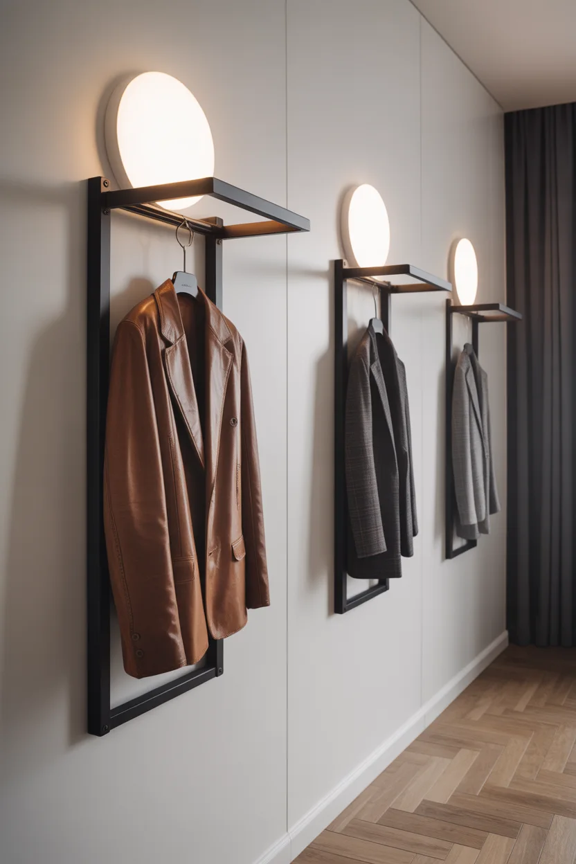 Portants muraux métal noir avec lampe ronde intégrée, vestes cuir et costume, mur blanc minimaliste.