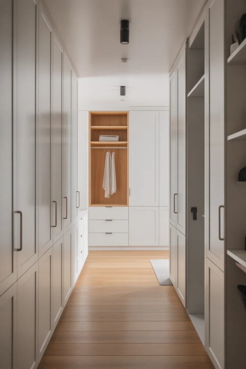 Dressing entrée maison couloir avec placards blancs toute hauteur