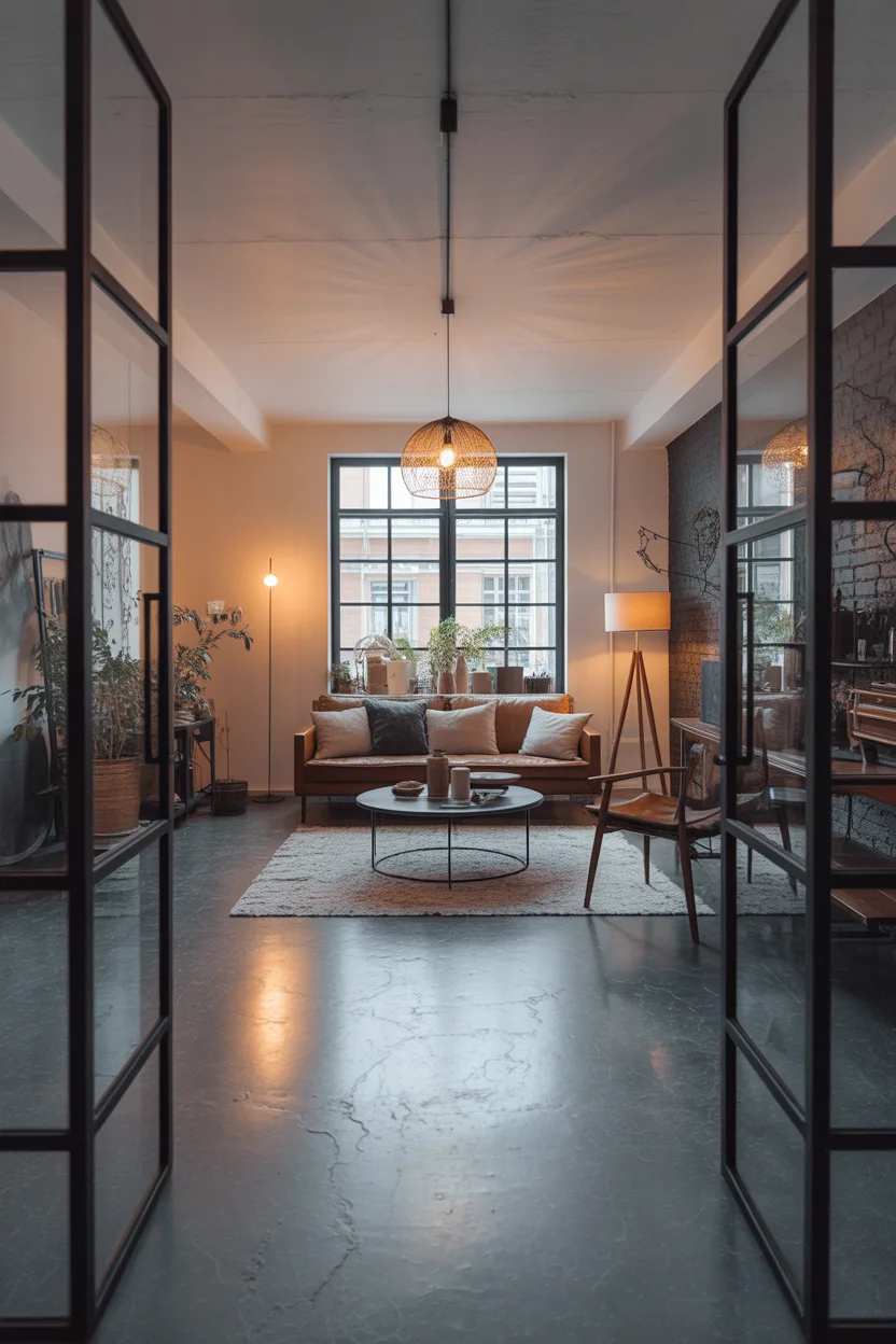 Sol béton ciré anthracite dans loft industriel avec verrières noires et décoration contemporaine
