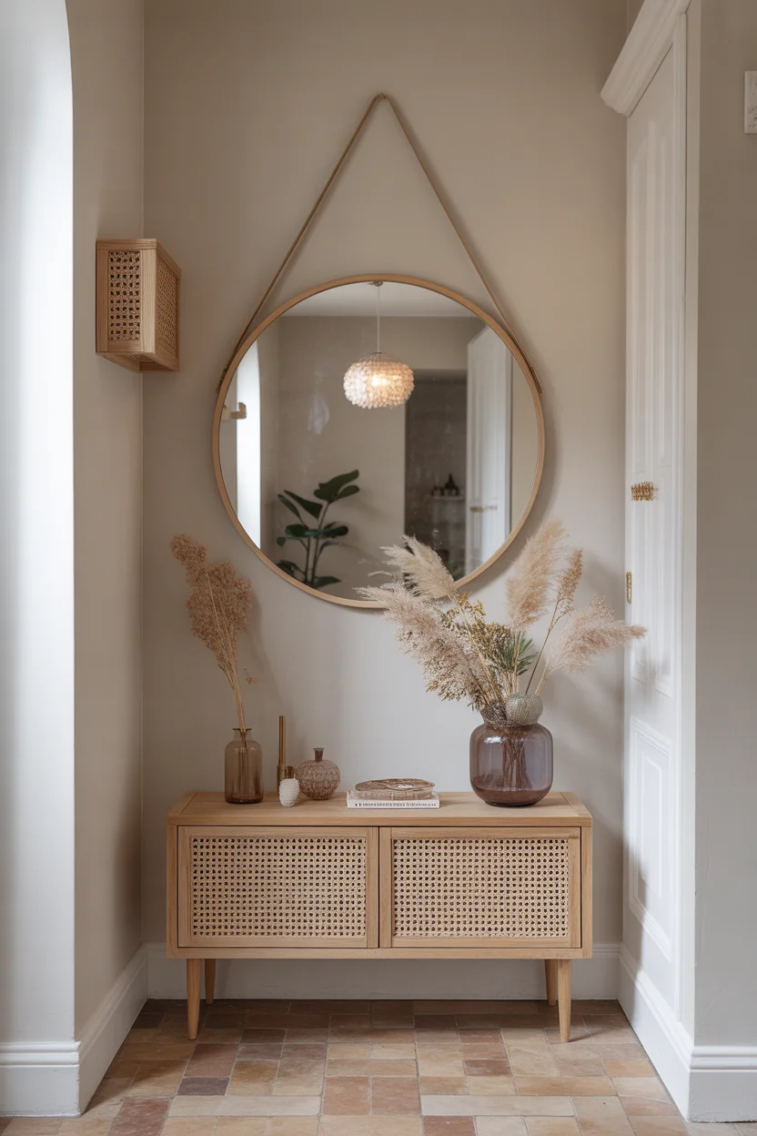 Coin entrée style bohème avec grand miroir rond suspendu par une sangle et petite console en cannage et bois.
