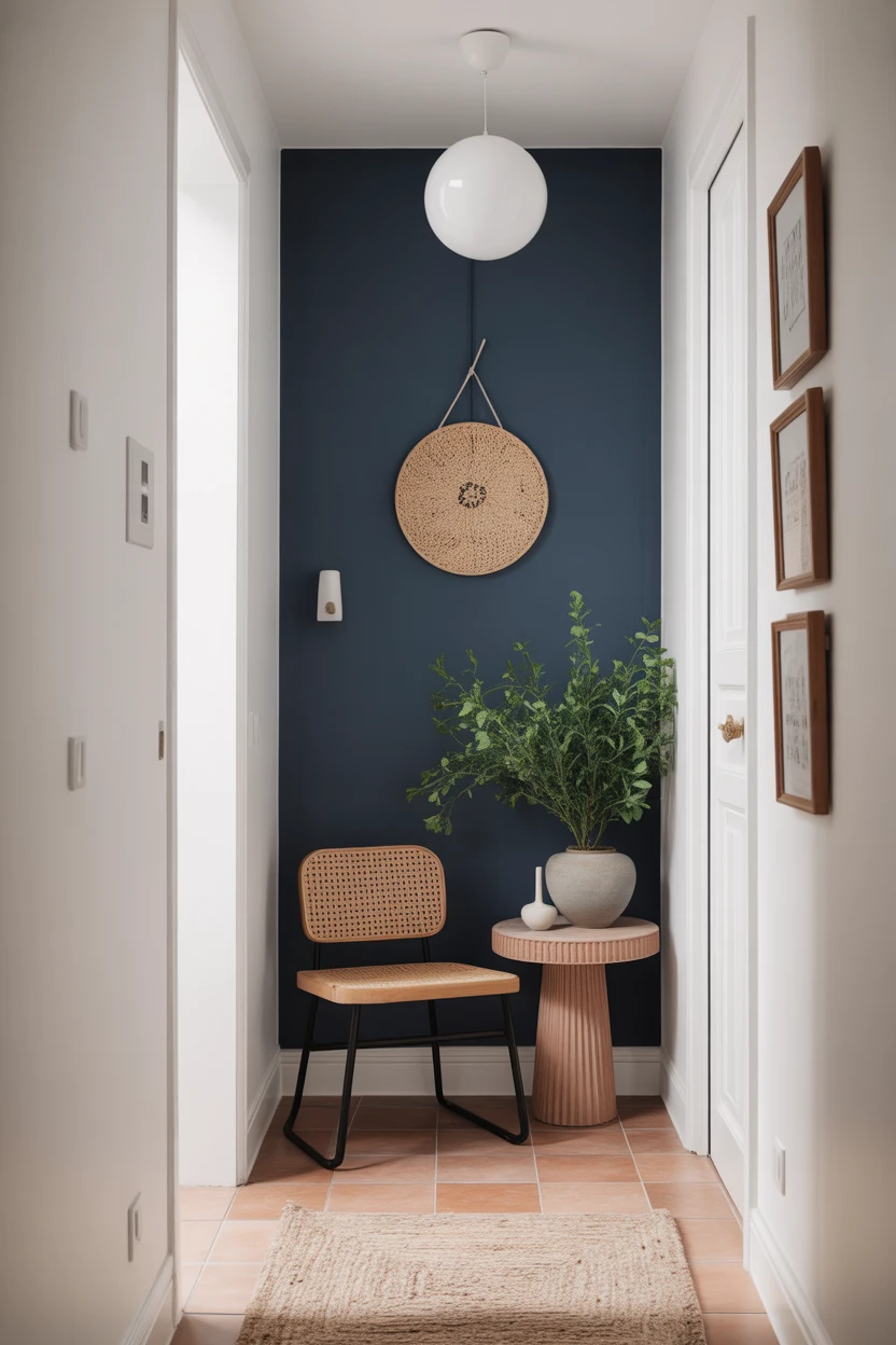 Petit couloir d'entrée avec mur du fond peint en bleu pétrole, décoré d'une plante verte et d'une chaise en cannage.