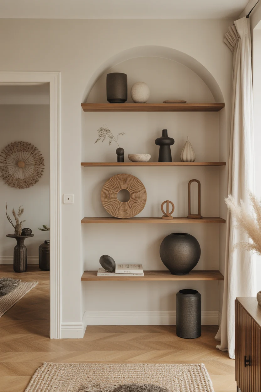 Niche murale en arche avec étagères en bois remplies de vases en céramique et objets décoratifs minimalistes.