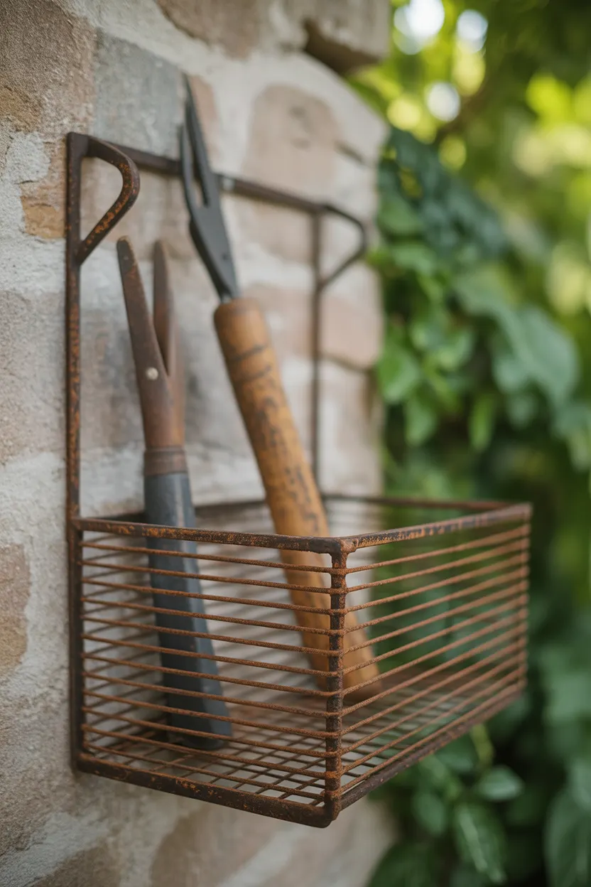 Panier mural rectangulaire en fil de fer rouillé contenant des outils de jardinage anciens.