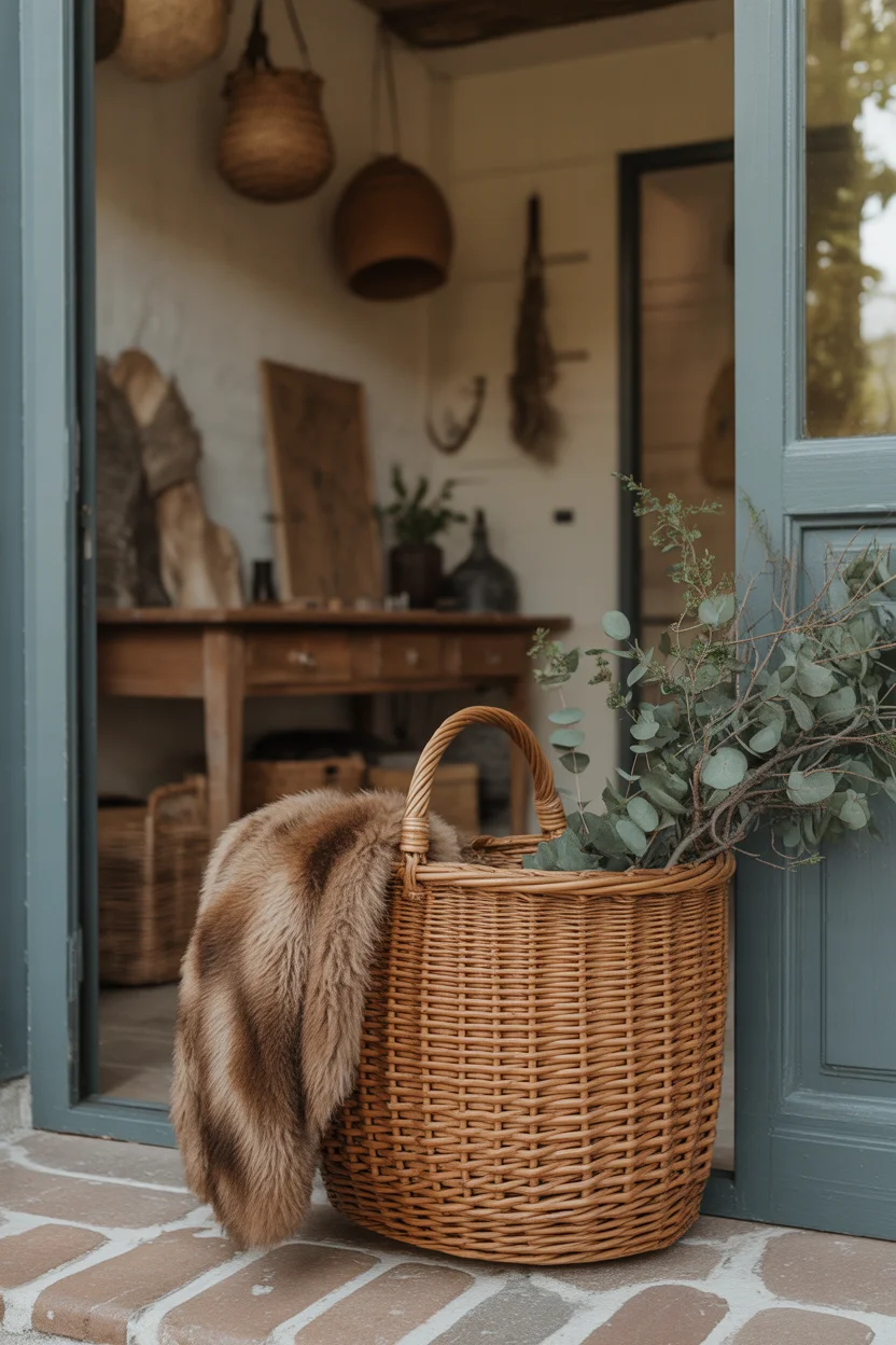 Grand panier en osier tressé posé au sol contenant un plaid en fourrure.