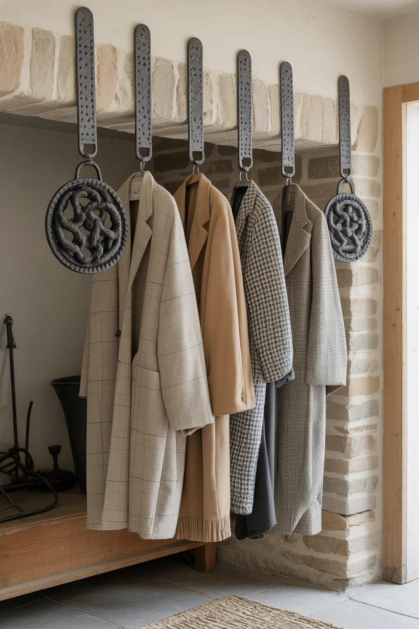 Patères murales en fer forgé noir fixées sur un linteau en pierre avec manteaux.