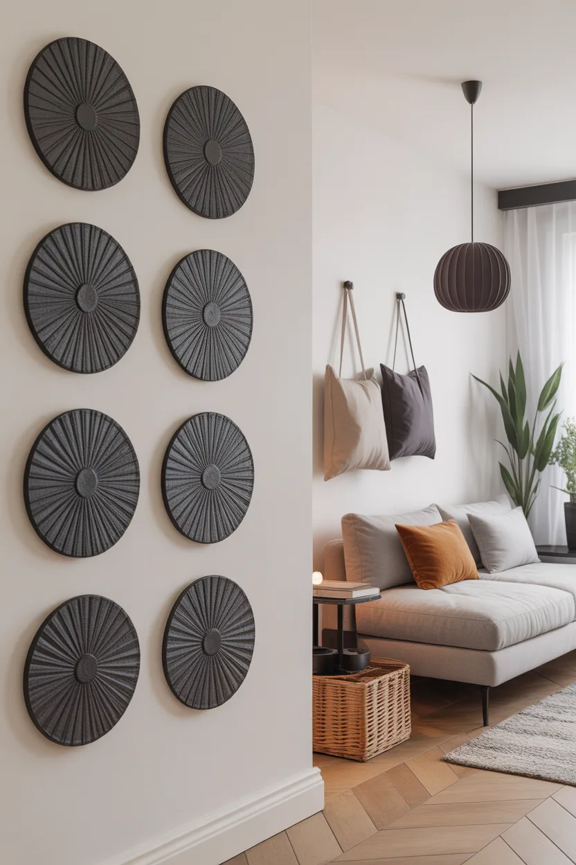 Mur blanc décoré de disques noirs texturés et de sacs en tissu suspendus à des crochets minimalistes.