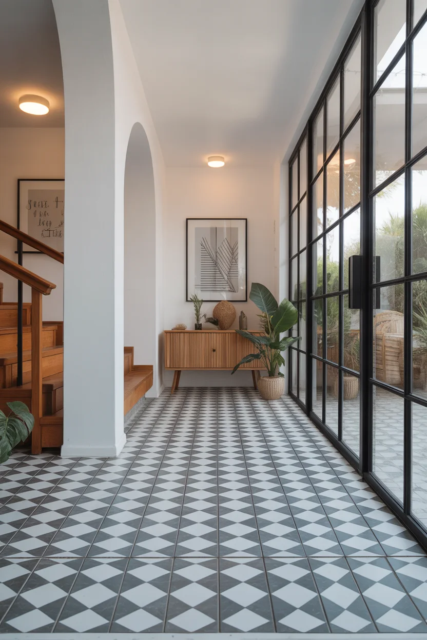 Grande entrée lumineuse avec verrière et sol carrelé à motifs géométriques noirs et blancs.