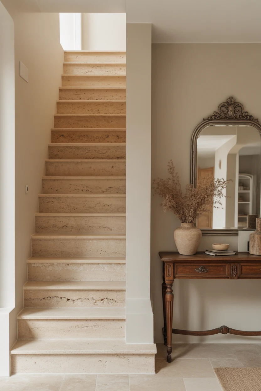 Escalier et carrelage en pierre naturelle beige dans entrée élégante avec console ancienne et miroir doré
