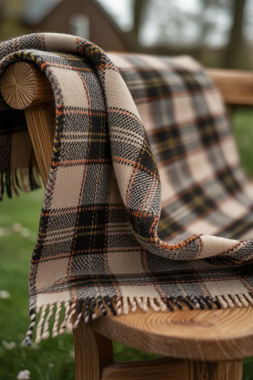 Plaid en laine à carreaux écossais beige et gris drapé sur une chaise en bois.