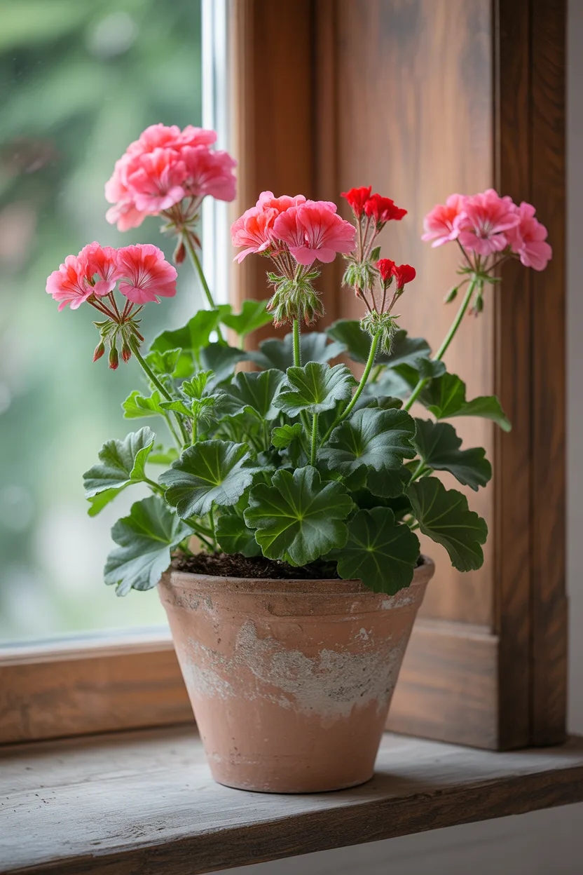 Pot en terre cuite patiné contenant un géranium rose sur un rebord de fenêtre.