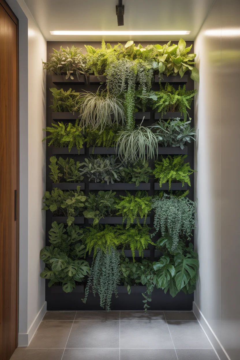 Mur du fond d'un couloir entièrement recouvert de plantes vertes luxuriantes avec éclairage intégré.
