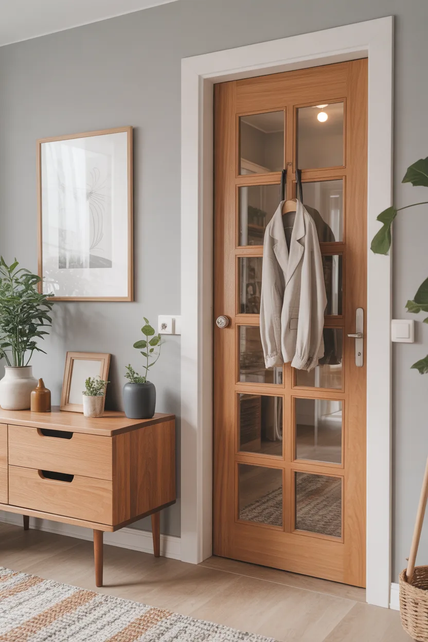 Porte intérieure en bois vitrée utilisée comme support pour suspendre une veste, avec console en bois à côté.