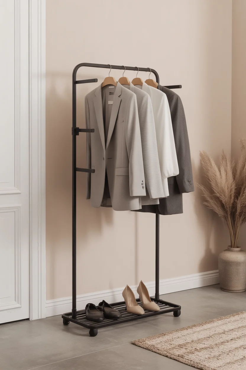 Portant à vêtements minimaliste en métal noir avec vestes sur cintres et chaussures sur la base.