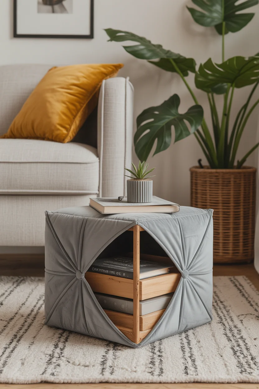 Pouf carré gris en velours avec ouverture latérale contenant des livres, posé sur un tapis.