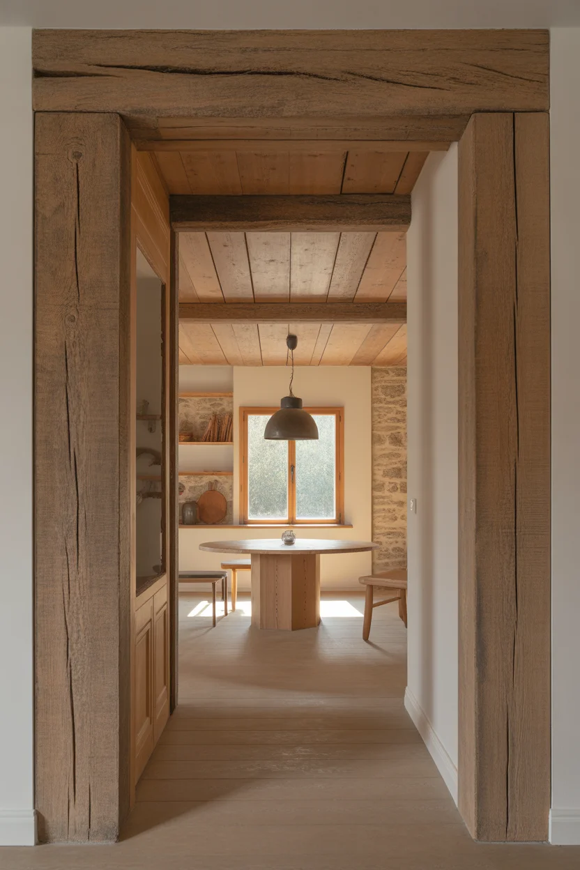 Hall traversant avec poutres en chêne massives au plafond et murs en pierre.