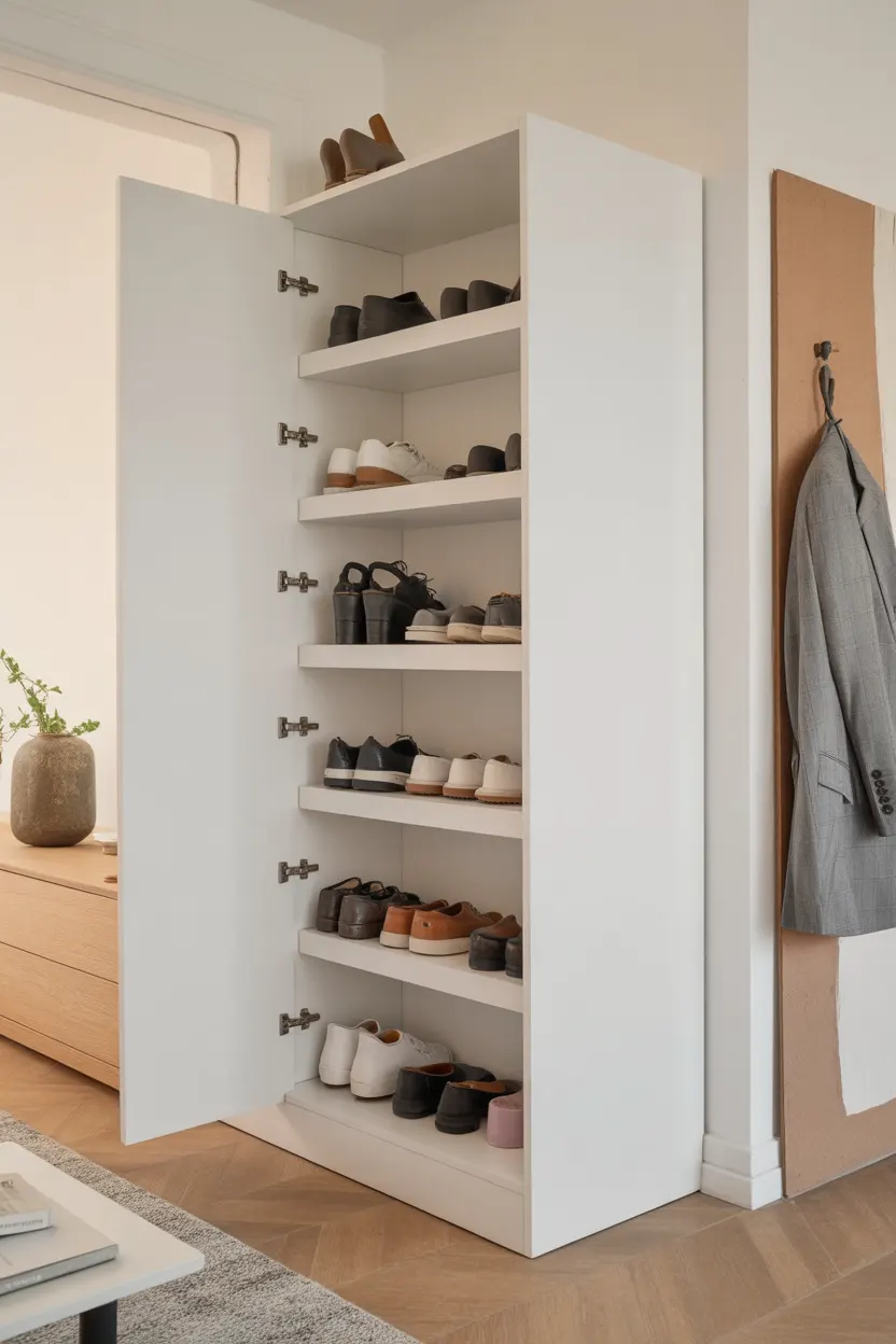 Armoire blanche haute ouverte montrant des étagères remplies de chaussures et une veste accrochée sur le côté.