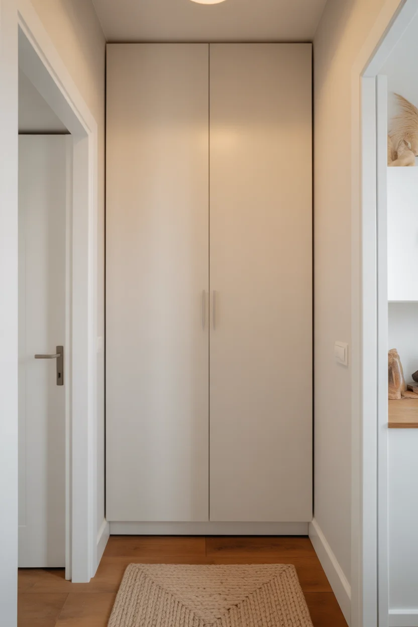 Couloir d'entrée étroit équipé de grands placards blancs fermés allant du sol au plafond.