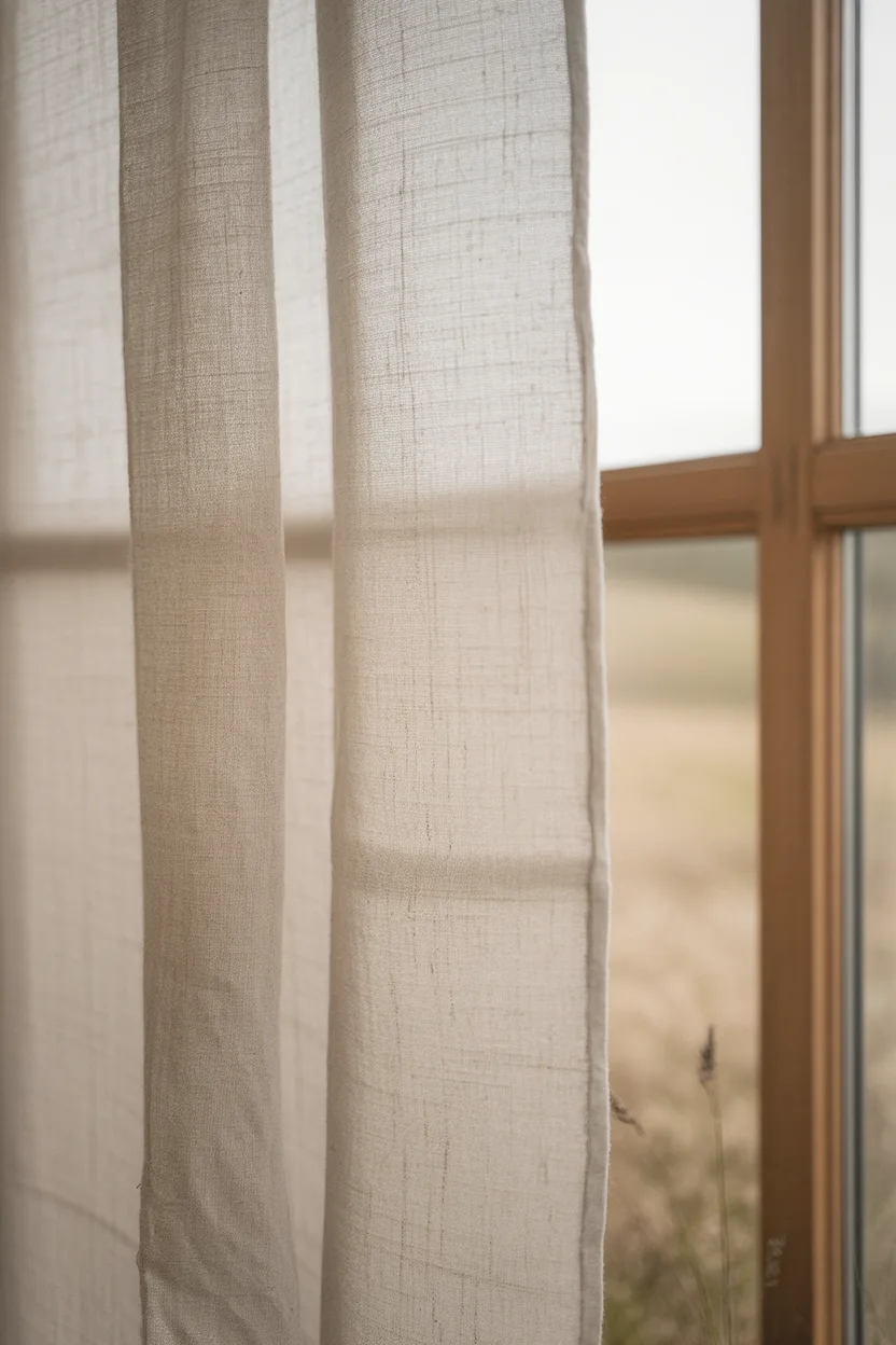 Gros plan sur un rideau en lin écru traversé par la lumière du jour.