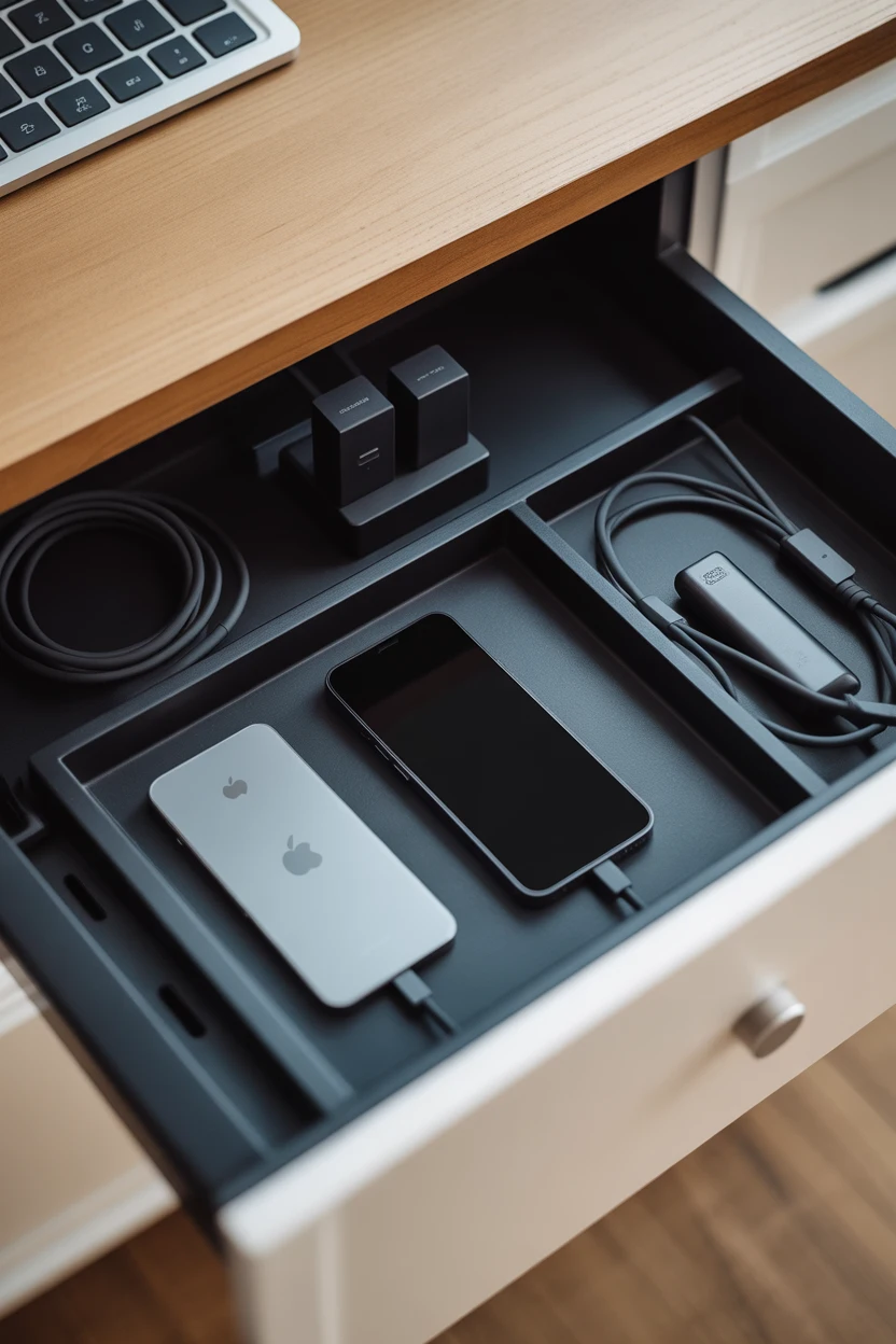 Tiroir de bureau ouvert révélant un organisateur noir avec téléphones en charge et câbles rangés.
