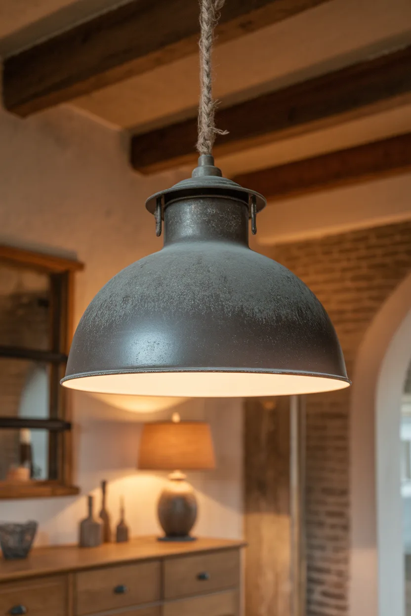  Suspension luminaire style industriel en forme de cloche métal gris vieilli.