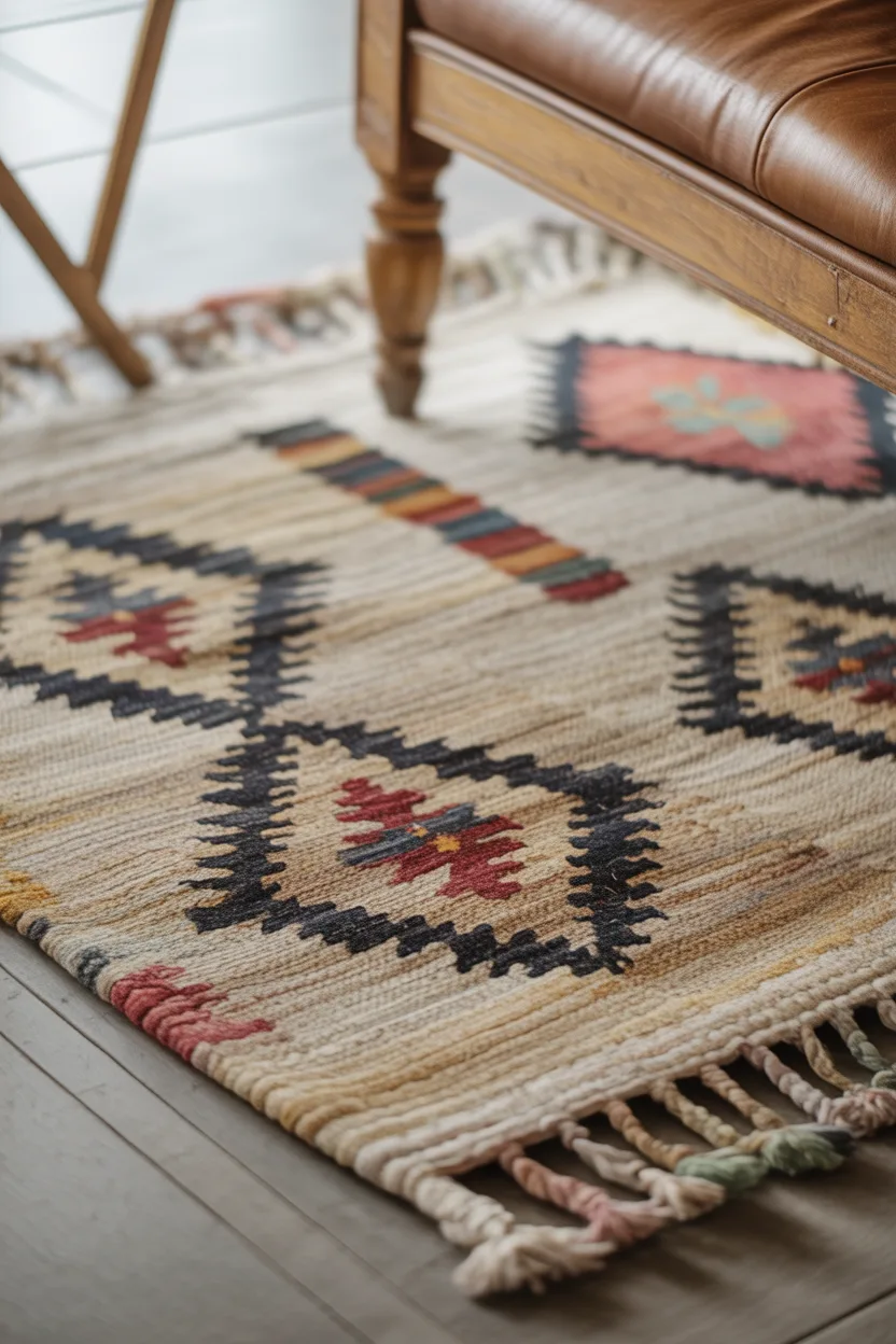 Tapis tissé à plat type Kilim aux motifs géométriques et franges.