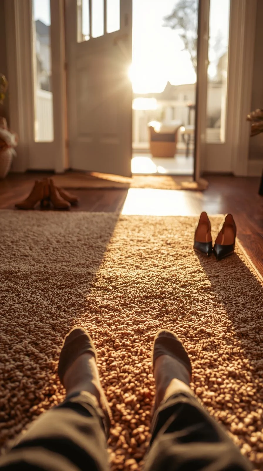 Vue rapprochée sur un tapis entree maison très moelleux de couleur beige, pieds en chaussettes, lumière chaude du soleil entrant.