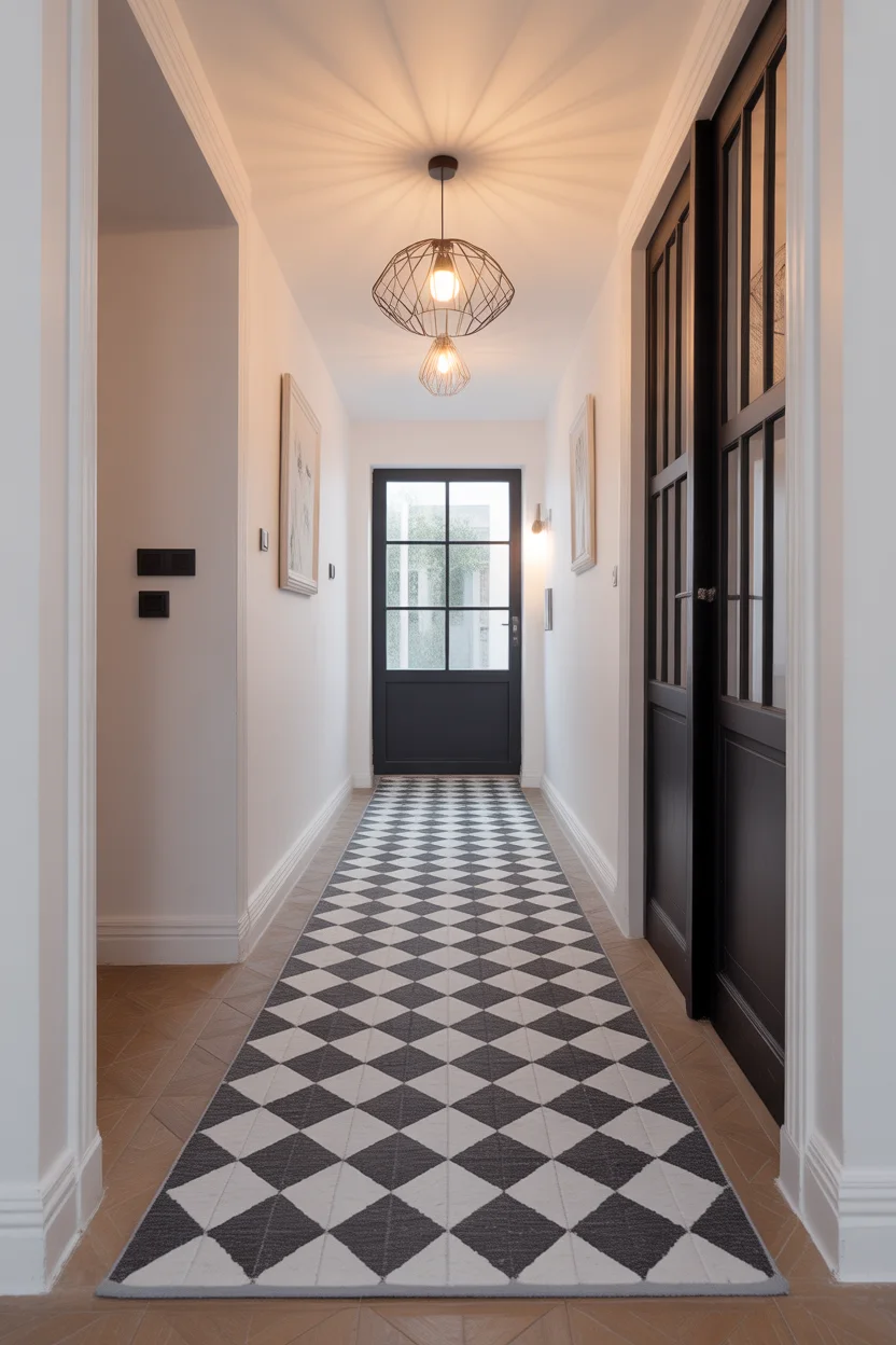 Long couloir d'entrée avec porte noire vitrée et tapis de passage à motifs géométriques noir et blanc au sol.