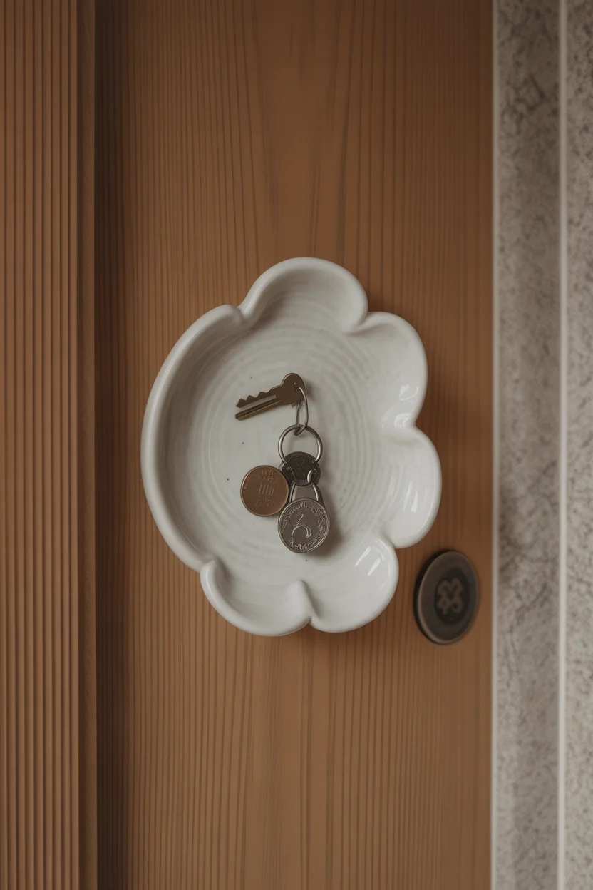 Vide-poche en céramique blanche en forme de fleur fixé sur une surface en bois, tenant un trousseau de clés.
