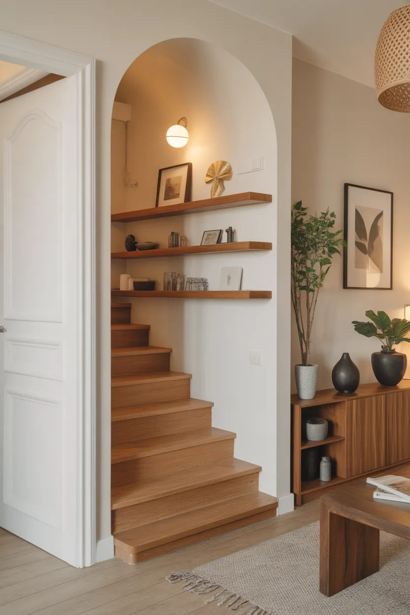 Coin sous escalier aménagé avec des étagères en bois flottantes et décoration minimaliste.