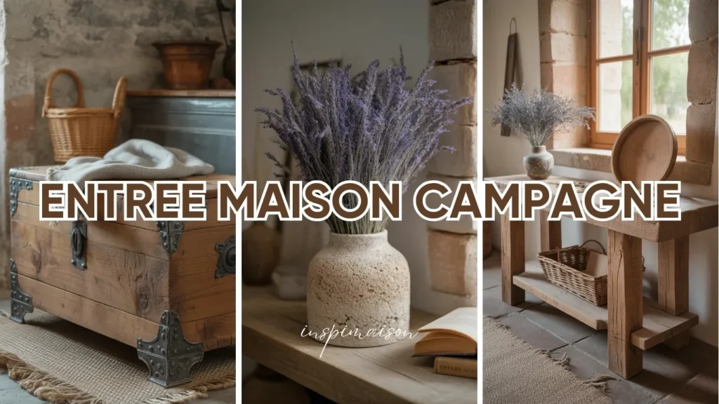 Montage photo inspiration décoration rurale : coffre ancien, bouquet de lavande et meuble en bois brut.