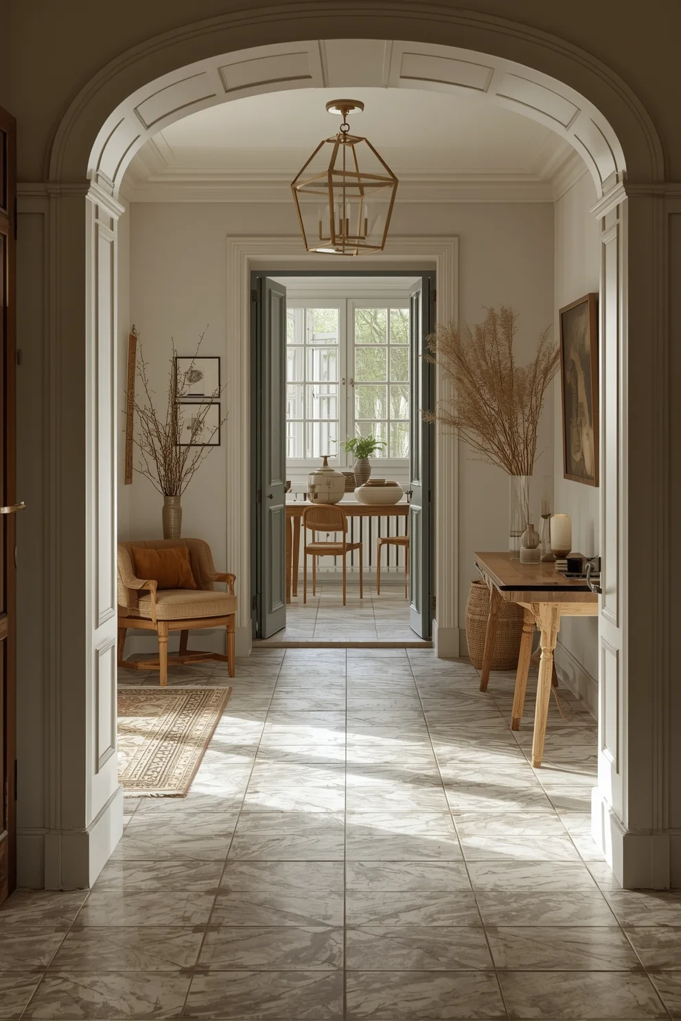 Carrelage imitation marbre beige dans entrée classique avec arcade boiseries blanches et mobilier traditionnel

