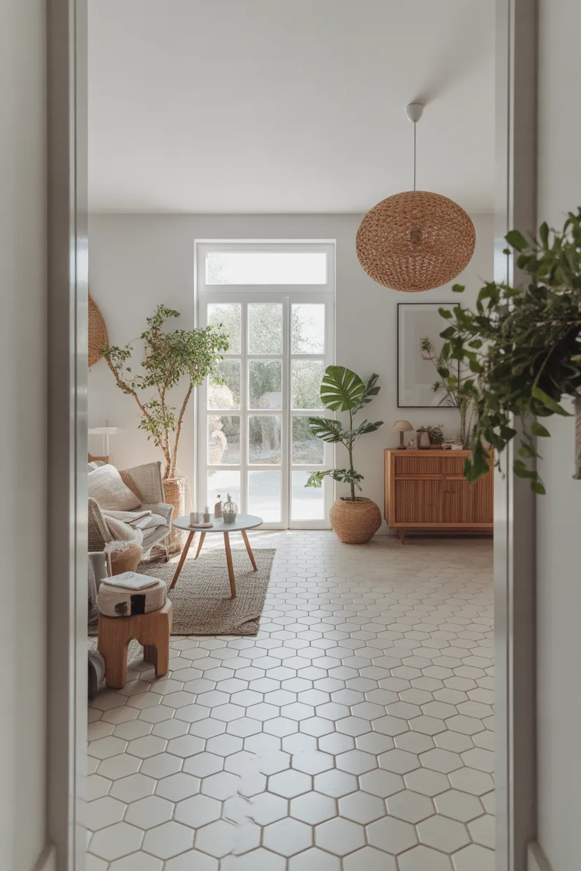  Entrée scandinave avec carrelage hexagonal blanc cassé
