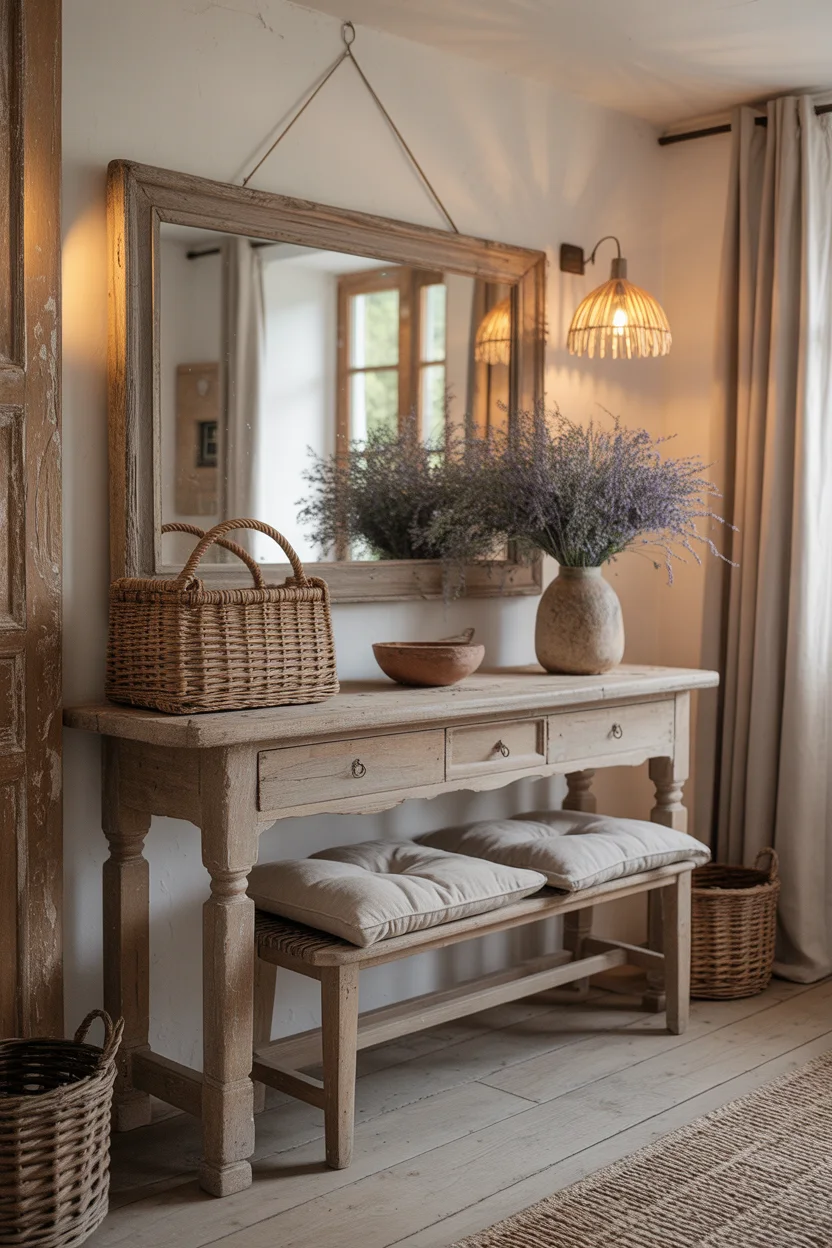 Meuble drapier patiné gris avec paniers en osier et miroir suspendu dans un hall lumineux.