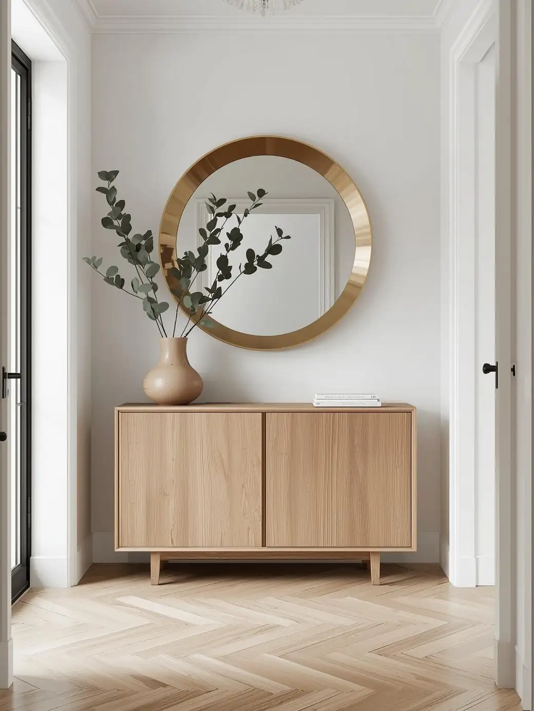 Inspiration entree maison scandinave avec banc cannage et miroir