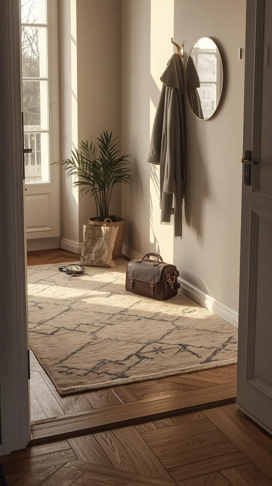 Gros plan sur un tapis en laine d'aspect vieilli et usé, avec des chaussures posées dessus, éclairé par une lampe chaude dans un coin de l'entrée.